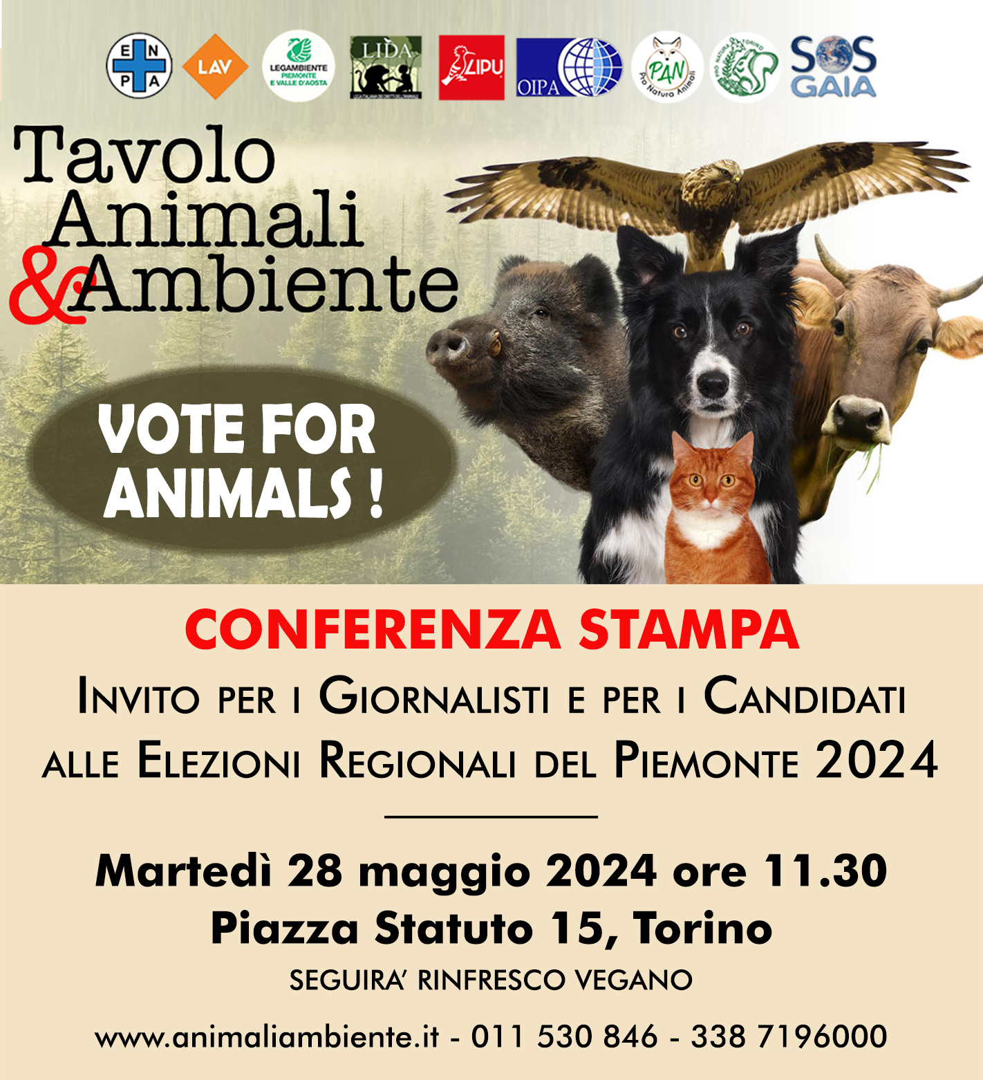 Conferenza Stampa “VOTE FOR ANIMALS!” Invito per i Giornalisti e per i Candidati per le elezioni regionali del Piemonte 2024